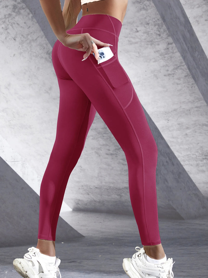 Novas leggings femininas de cintura alta, calças elásticas de ioga com bolsos, push up, fitness, corrida, roupas esportivas, calças de cor sólida