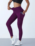 Novas leggings femininas de cintura alta, calças elásticas de ioga com bolsos, push up, fitness, corrida, roupas esportivas, calças de cor sólida