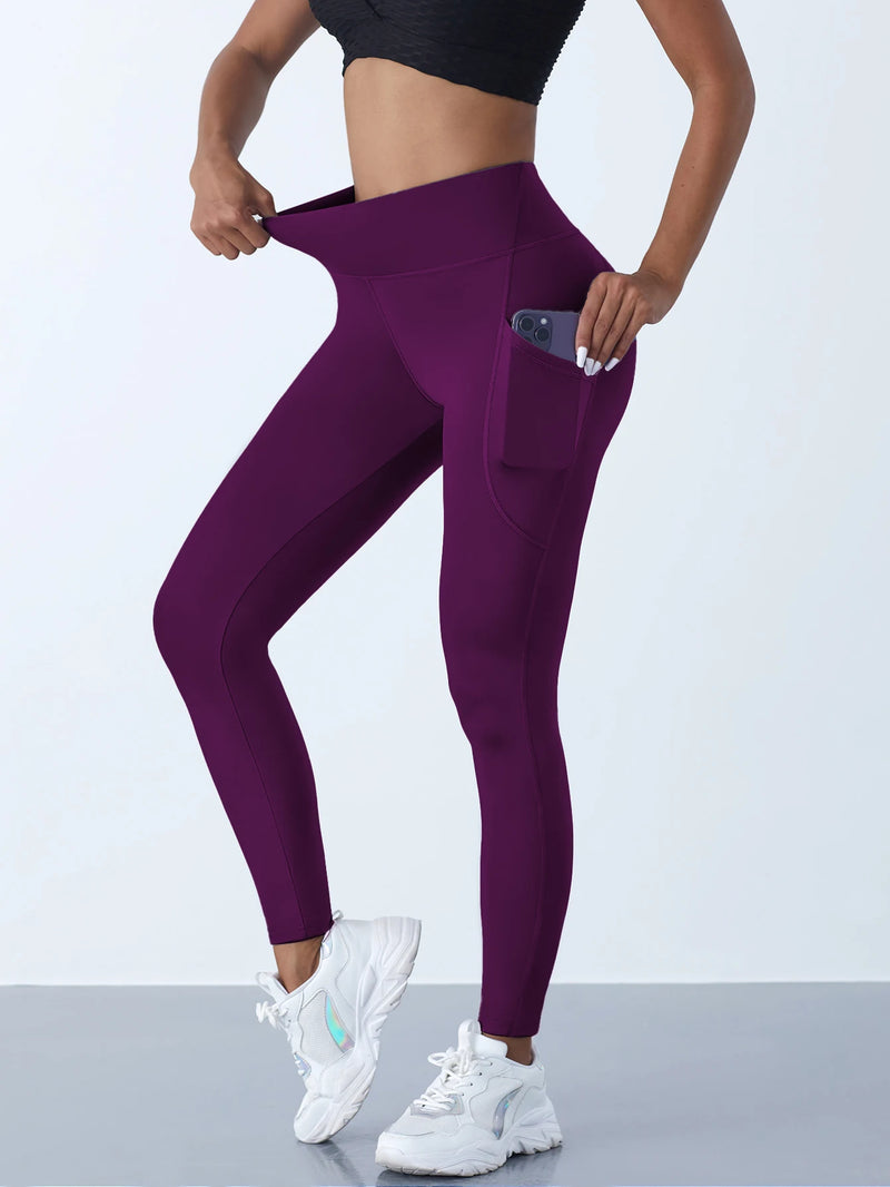 Novas leggings femininas de cintura alta, calças elásticas de ioga com bolsos, push up, fitness, corrida, roupas esportivas, calças de cor sólida