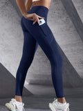 Novas leggings femininas de cintura alta, calças elásticas de ioga com bolsos, push up, fitness, corrida, roupas esportivas, calças de cor sólida
