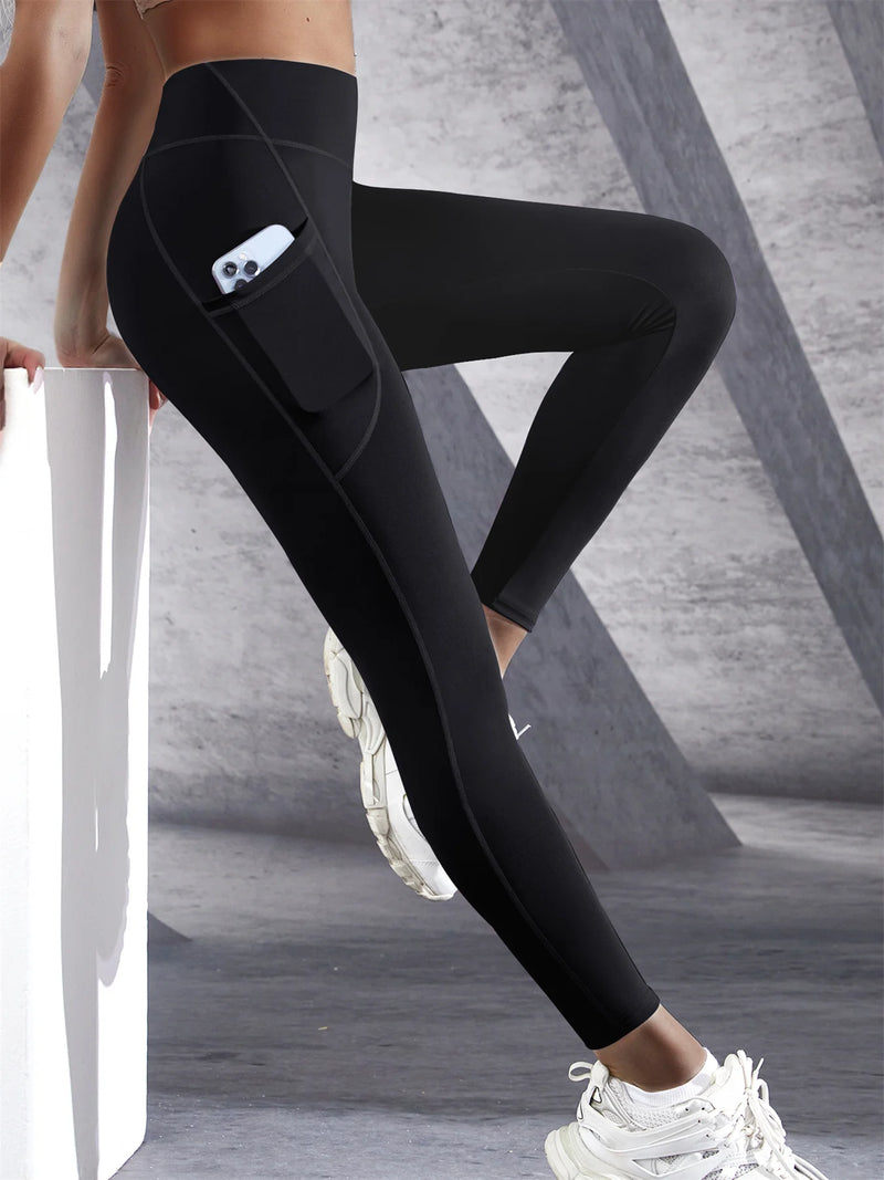 Novas leggings femininas de cintura alta, calças elásticas de ioga com bolsos, push up, fitness, corrida, roupas esportivas, calças de cor sólida